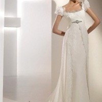 Empire Sheath Column Square Neck Short Sleeves Cathedral Train Chiffon Lace Ribbons Wedding Dress