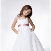A-line Wide Straps Tea-length Taffeta Lace Ribbons Flower Girl Dress