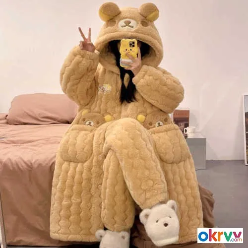 Women's 3 Layer Quilted Mid-Length Robe Coral Fleece Plush Winter Loungewear Knee Length Lounge