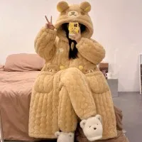 Women's 3 Layer Quilted Mid-Length Robe Coral Fleece Plush Winter Loungewear Knee Length Lounge