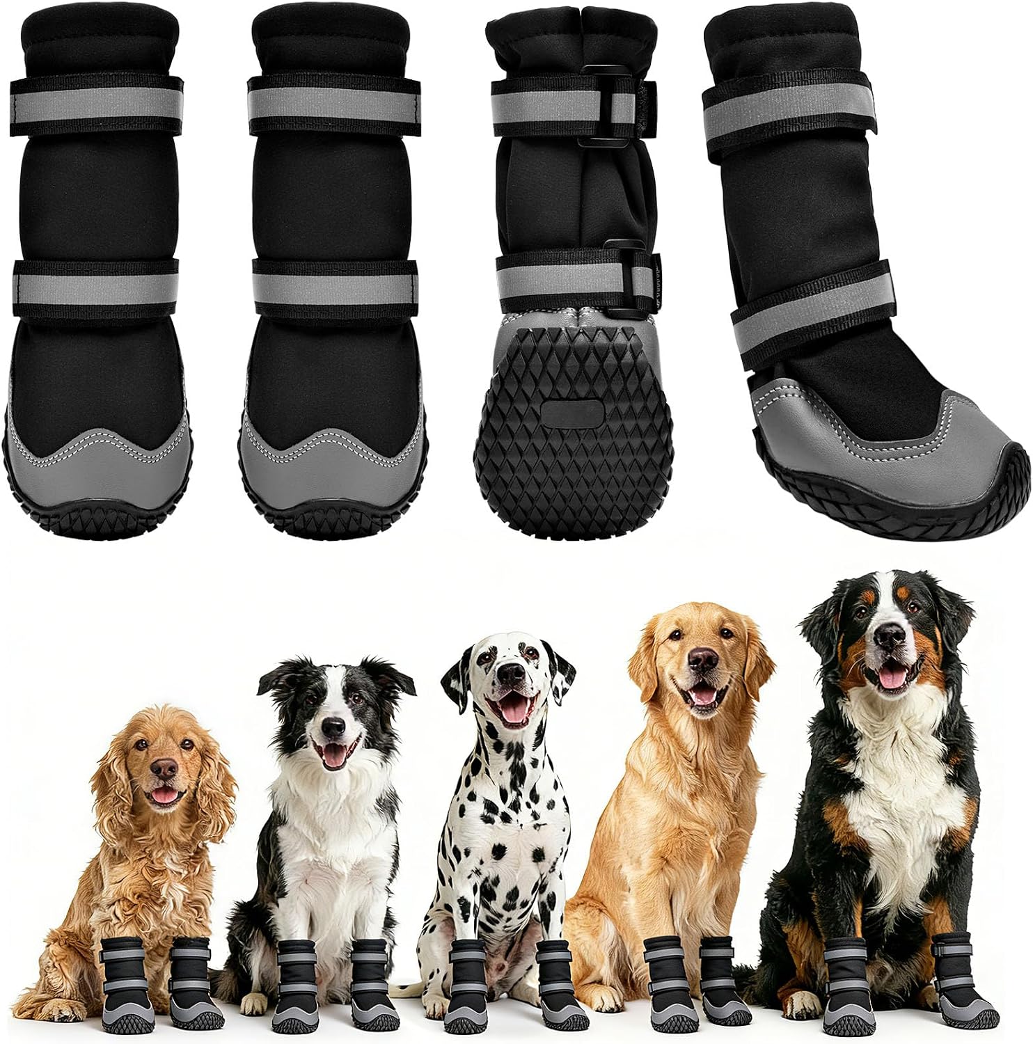 Waterproof Dog Boots Anti-Slip Paw Protectors Reflective Dog Shoes