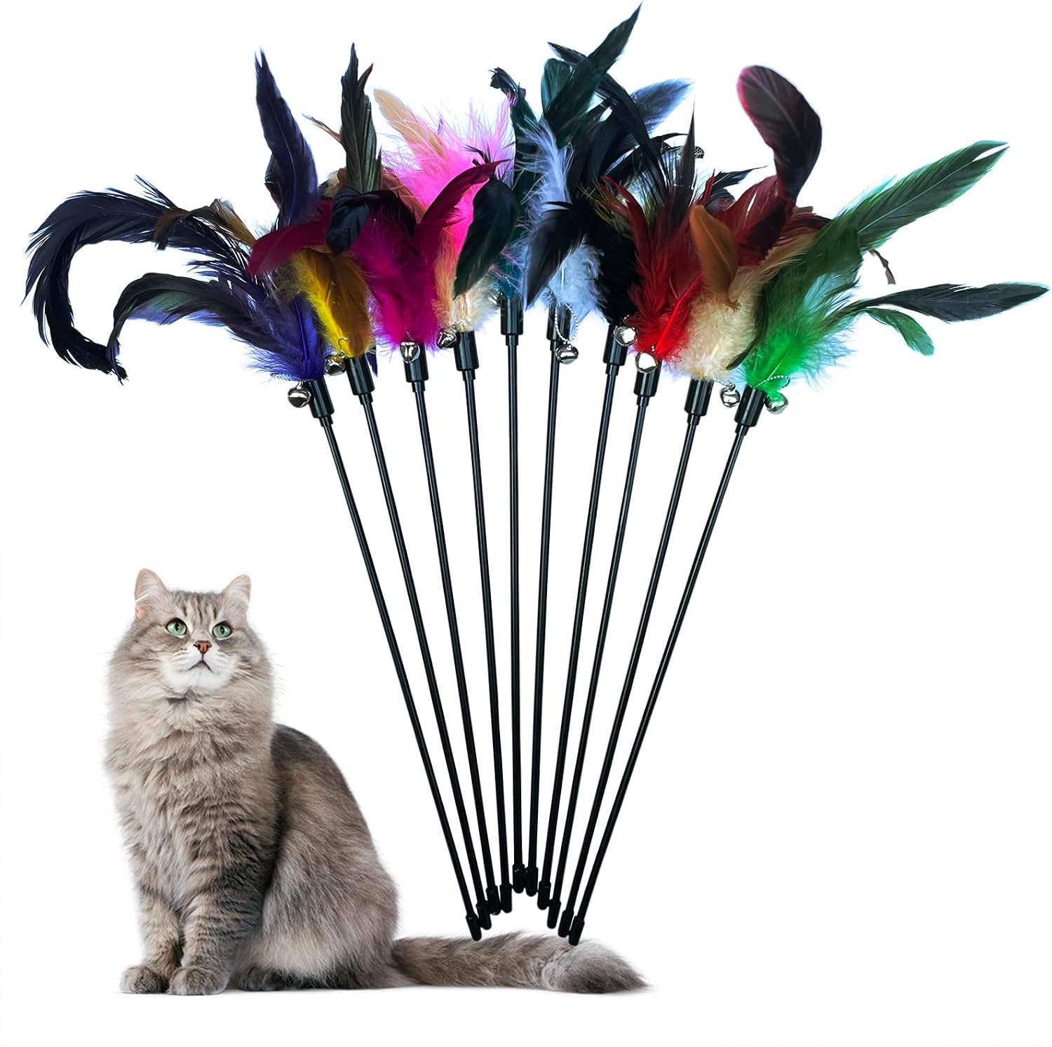 Interactive Cat Toy Feather Wand with Bell and Replacement Feathers