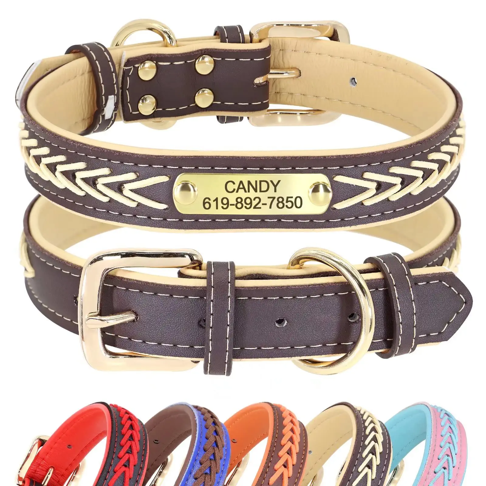 Custom Leather Dog Collar Padded Adjustable Pet Collar with Name Tag