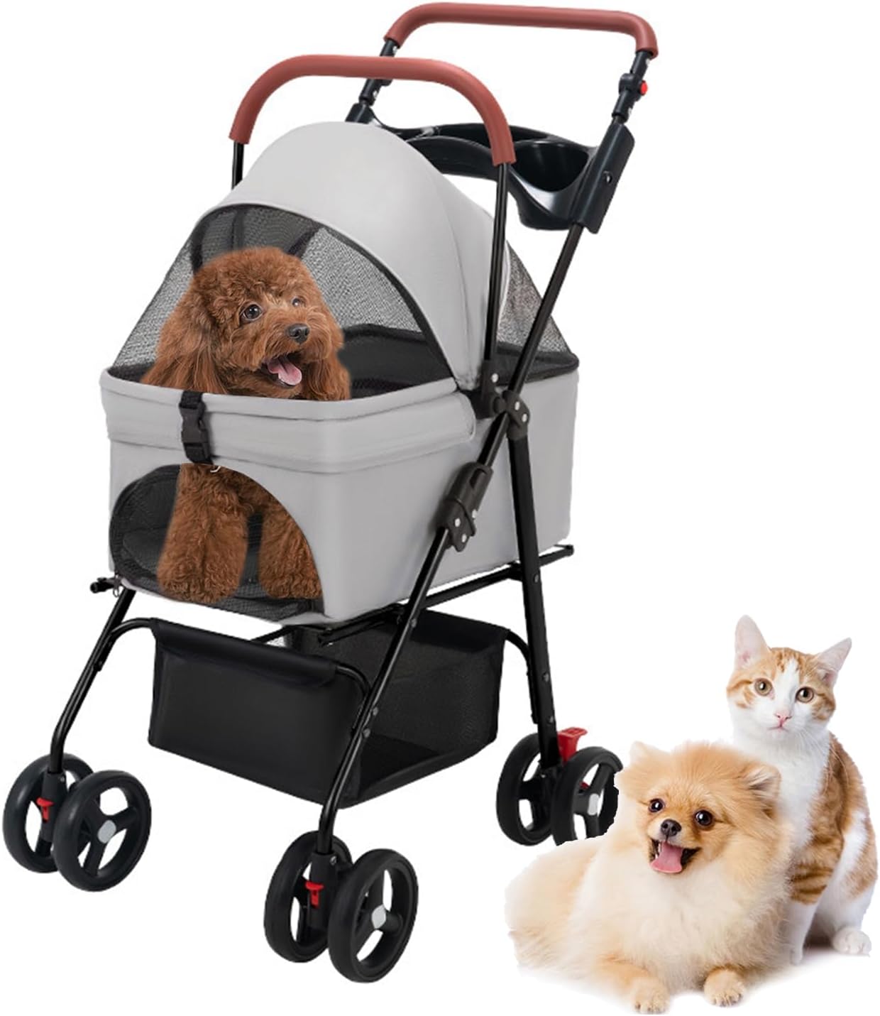Foldable Pet Stroller 4 Wheels Dog Cat Travel Carrier with Storage Basket