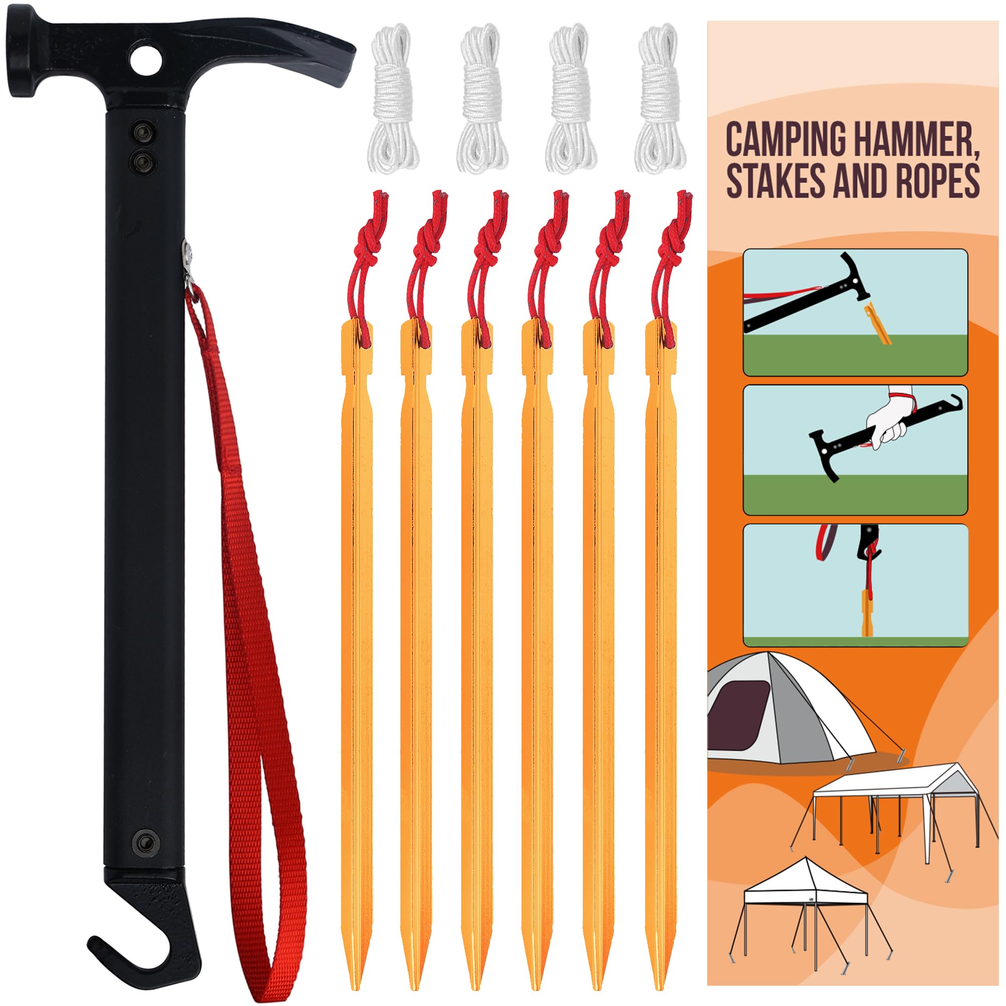 Multi-Function Tent Accessory Kit with Steel & Plastic Pegs for All Seasons Camping