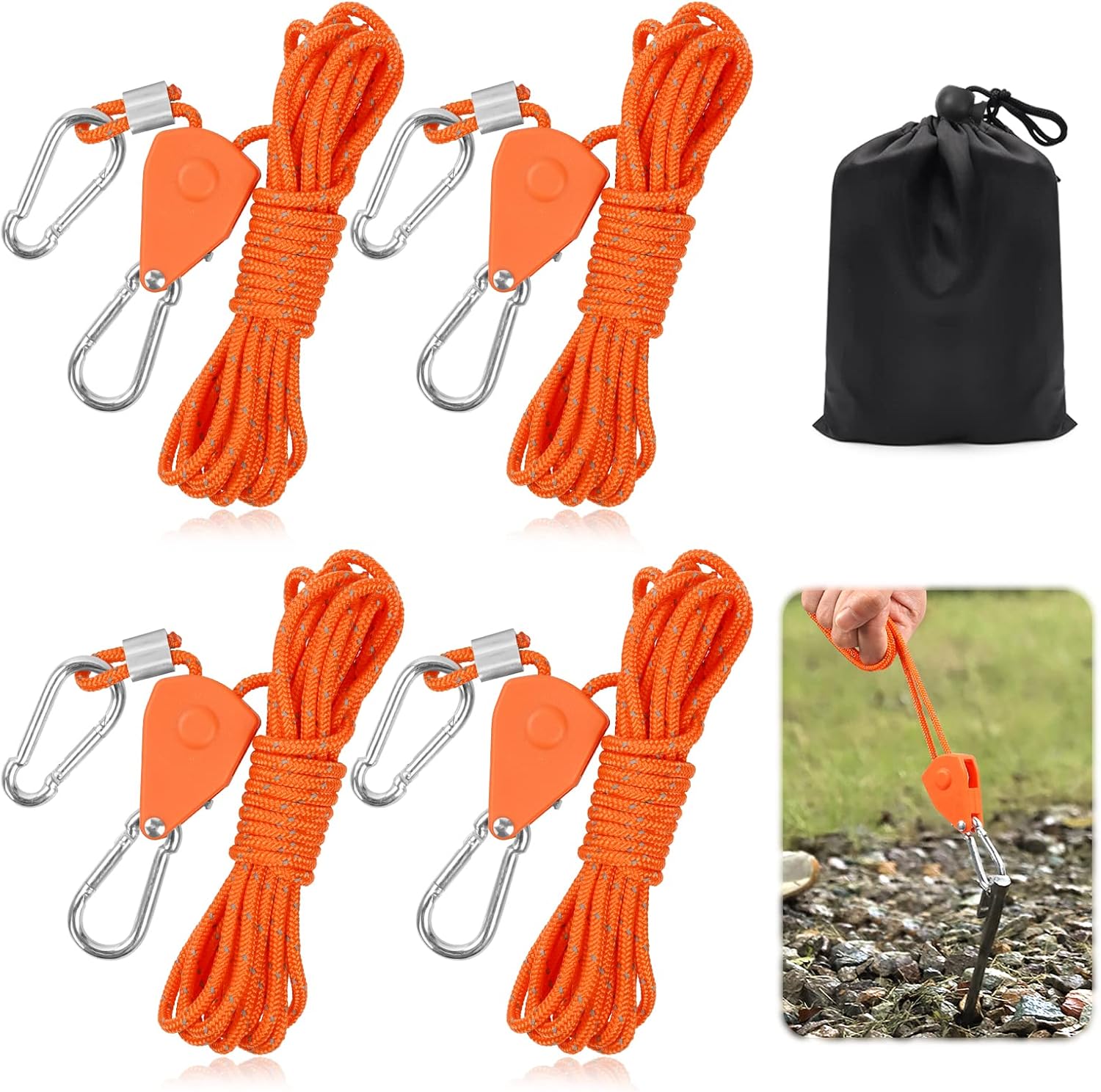 Camping Guy Line Reflective Tent Rope with Tensioner 4mm Outdoor Cord 4 Pack