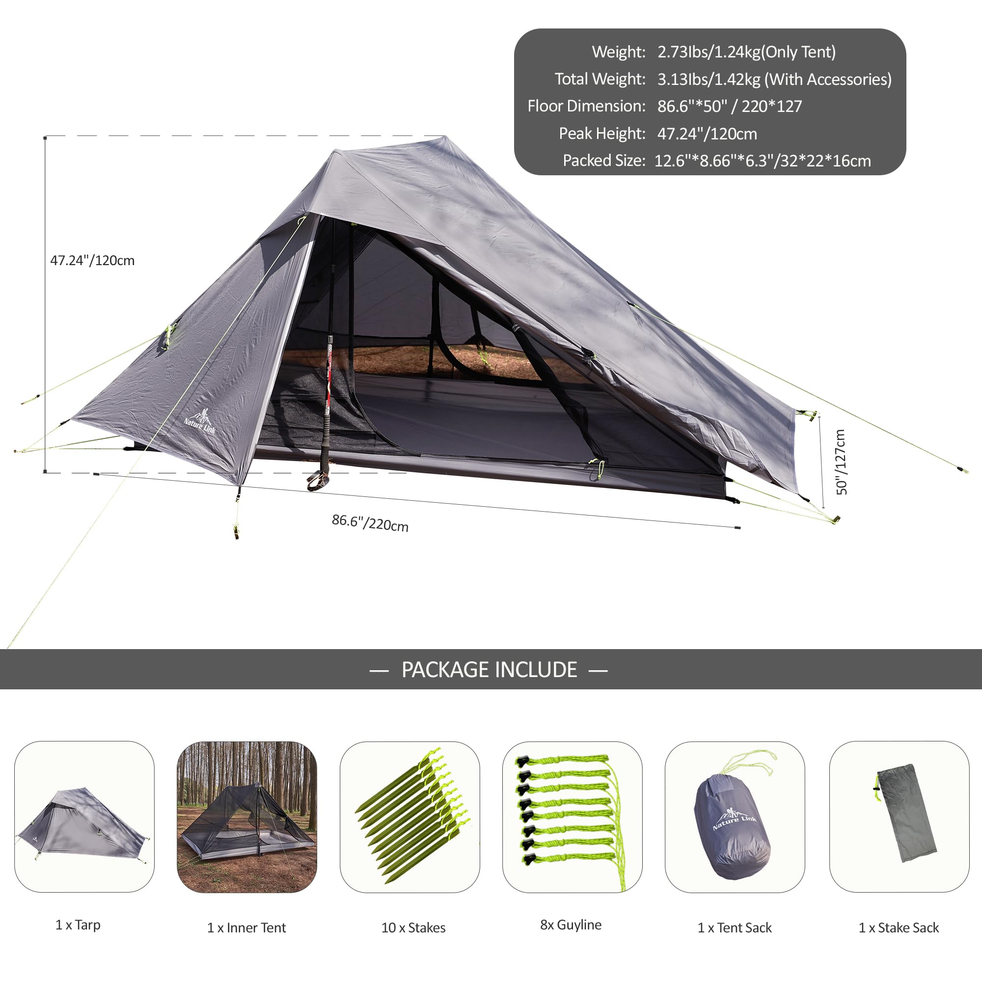 Ultralight Backpacking Tunnel Tent 2 Person 3 Season Waterproof for Hiking Cycling