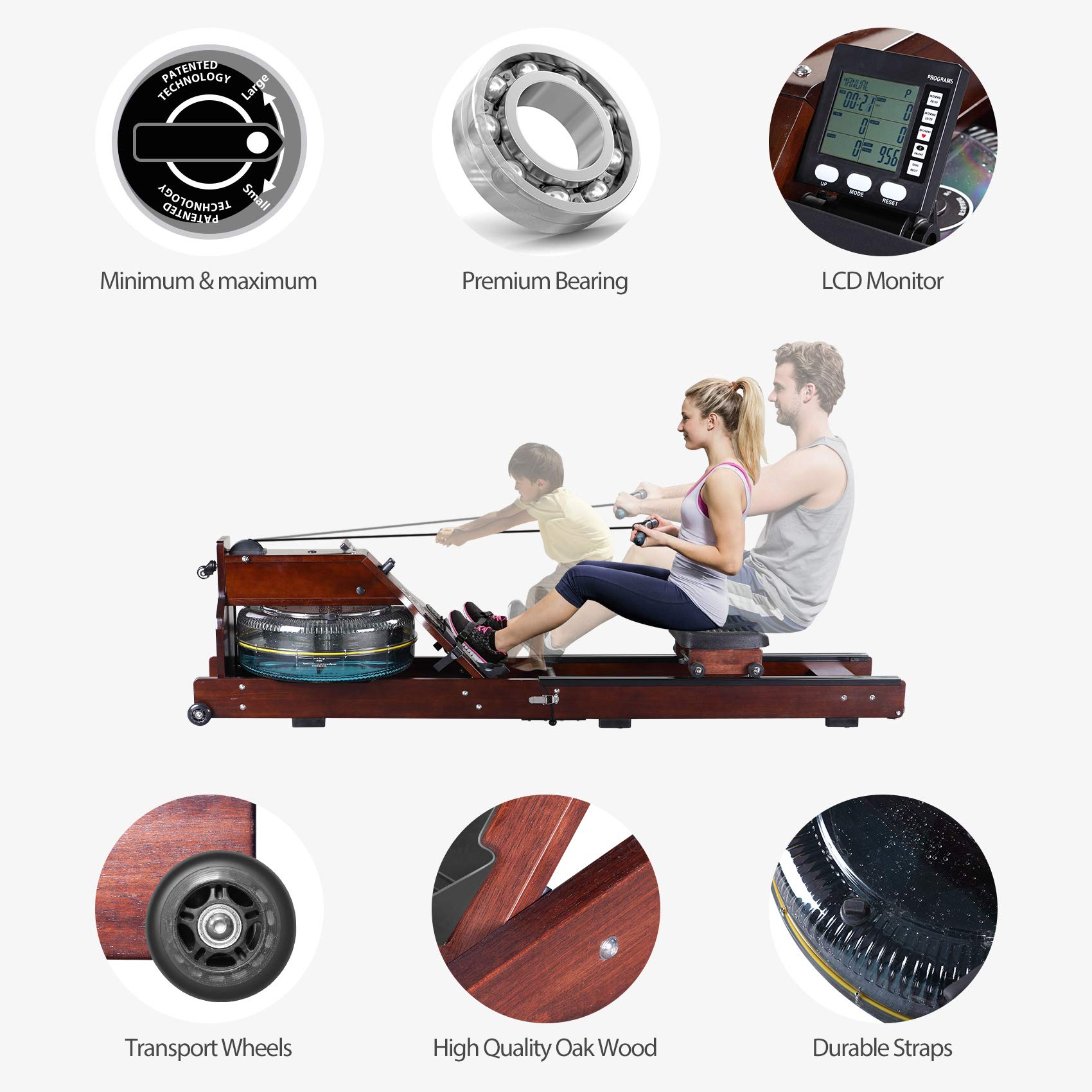 Water Rowing Machine Oak Wood Rowing Machine Home Gym Cardio Fitness Equipment