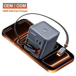Ldnio Q16 100W GaN Desktop Fast Charger with 80cm Retractable USB C Lighting Cables